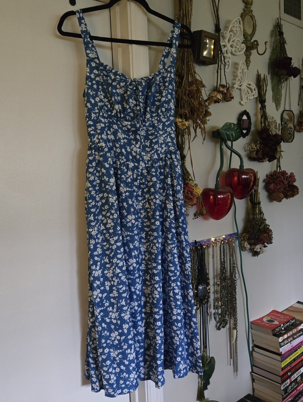 Scarlet Darkness Milkmaid Cottagecore Ditsy Floral Blue Swing Dress Md